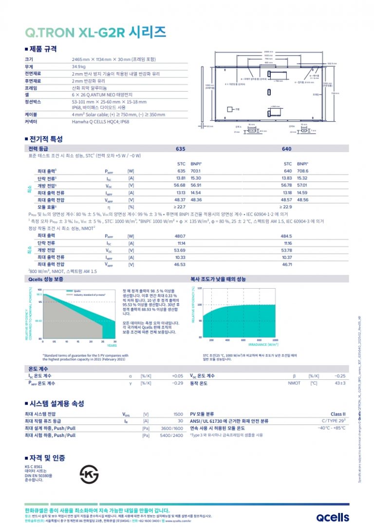 한화모듈 한화페널 한화2등급 태양광모듈Q.TRON_XL_G2R.9-BFG 640W