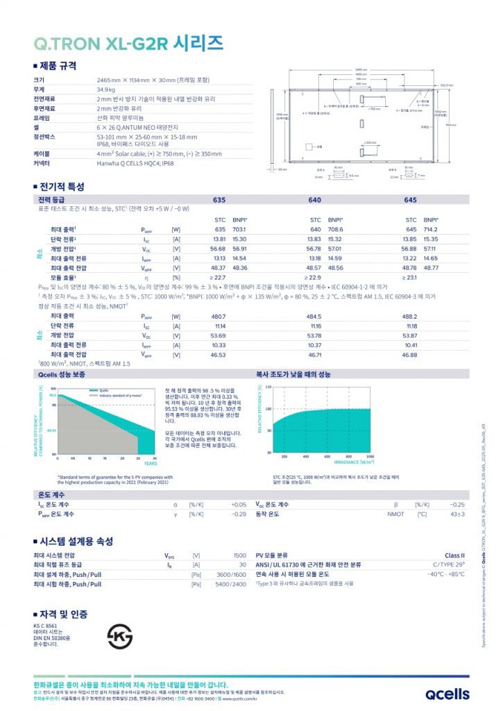 한화모듈 한화페널 한화2등급 태양광모듈Q.TRON_XL_G2R.9-BFG 640W