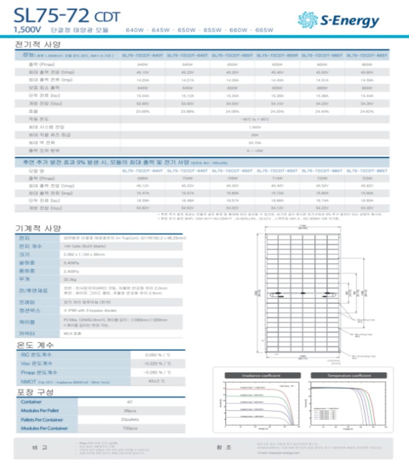 에스에너지 백컨텍제품 650W 핫스팟이나 그림자로 인한 출력효율저하가 거의없는 제품