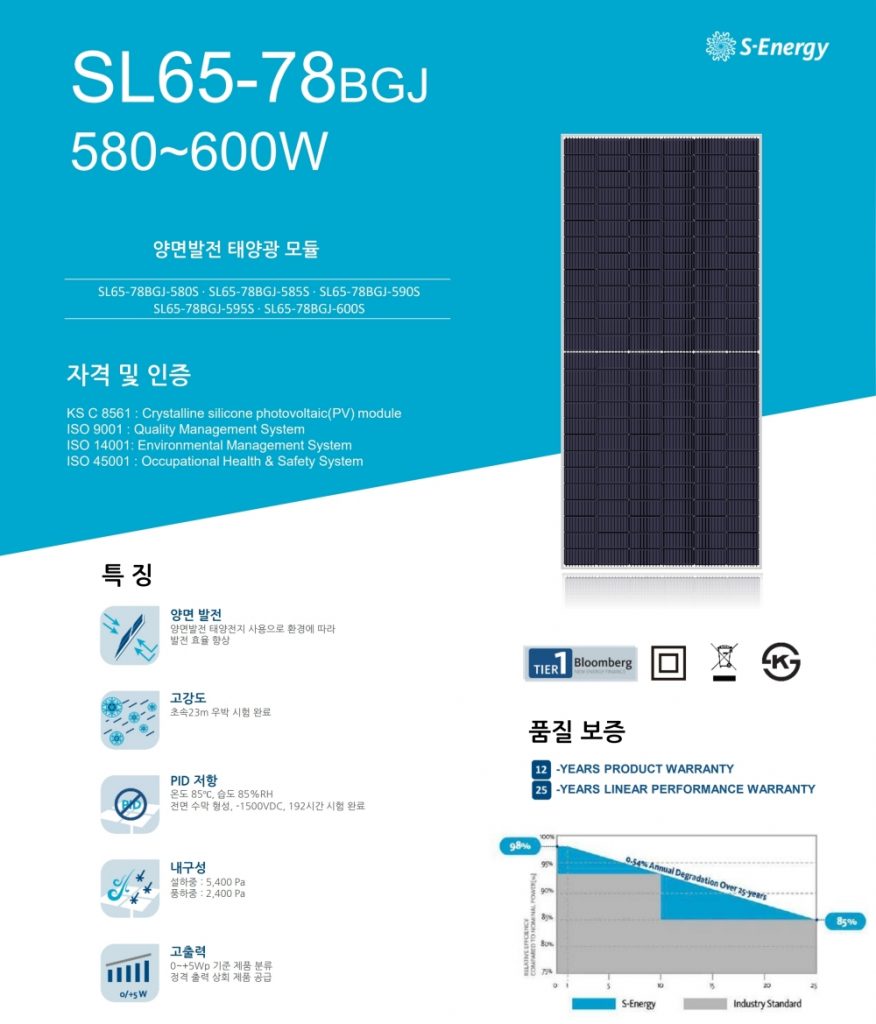 에스에너지 태양광모듈 패널 1등급모듈 패널 600W 인성에너지